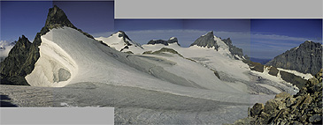 Blick bei der Kroentenluecke ueber den Glattfirn (Schneeh�enerstock, Zw�chten, Chli Spannort, Gross Spannort, Schlossberg)